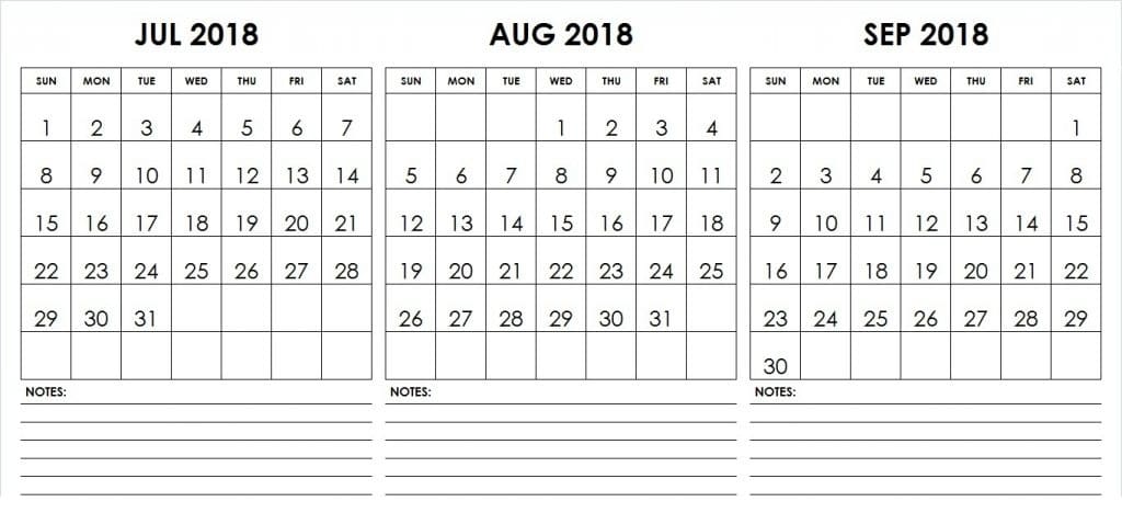July August September 2018 Calendar 