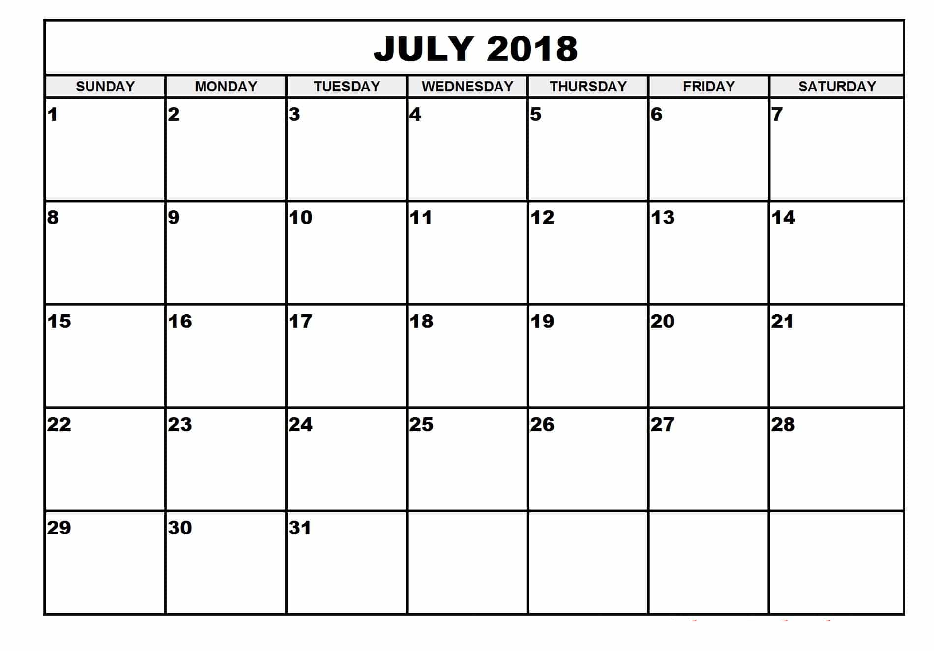 July Calendar For 2018