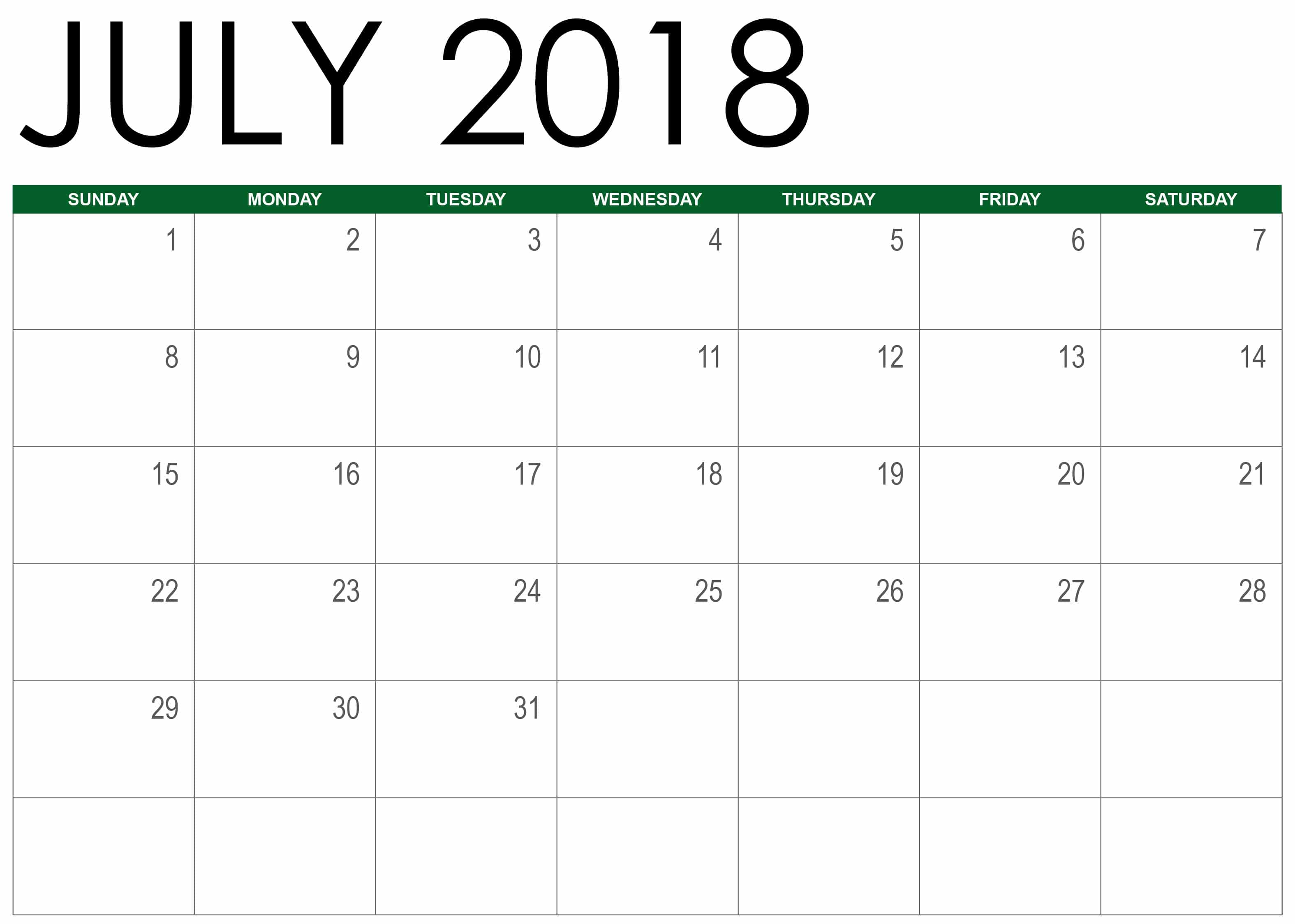 July Month Calendar 2018