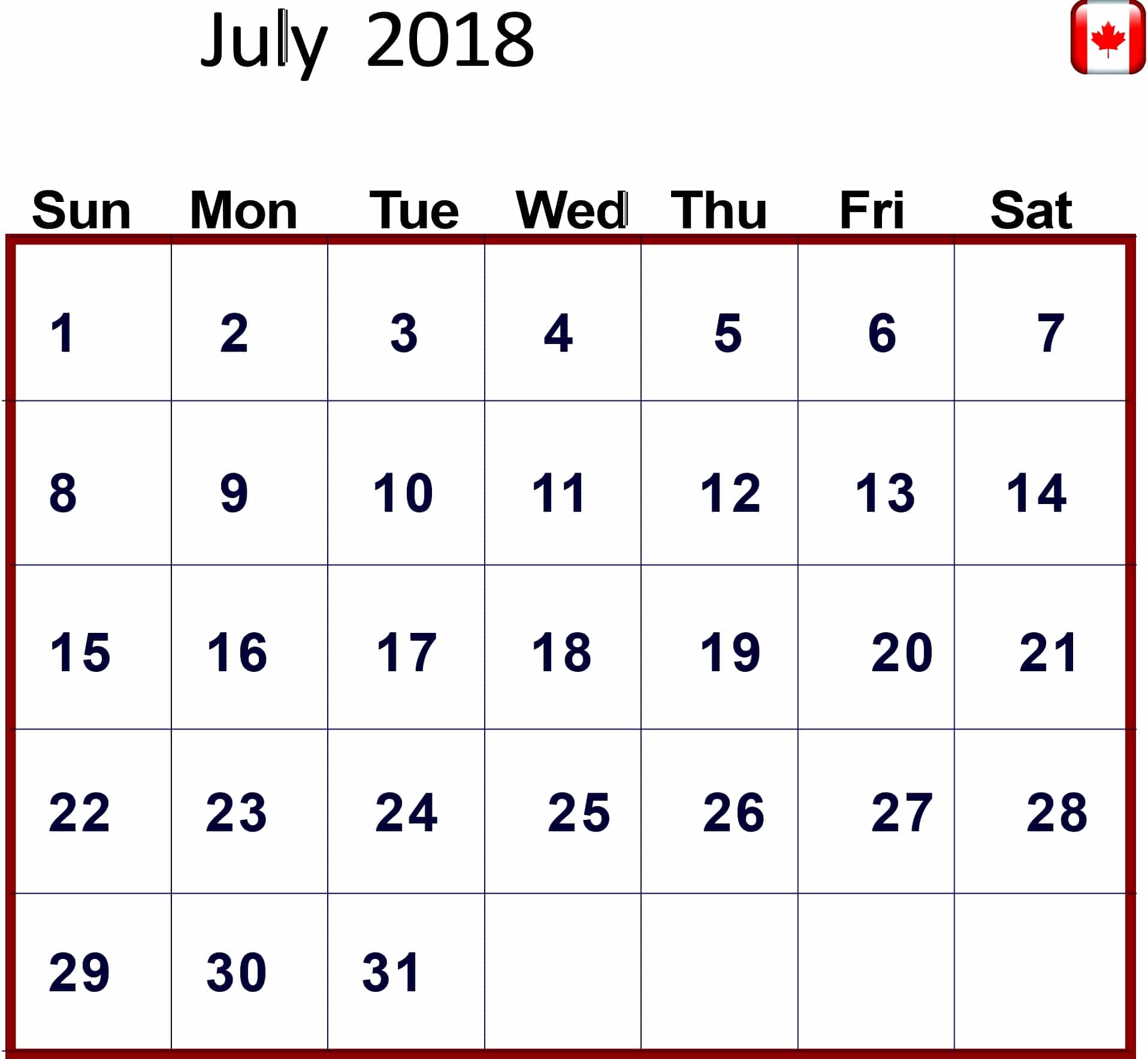  July 2018 Calendar Canada
