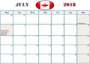  July 2018 Calendar Canada