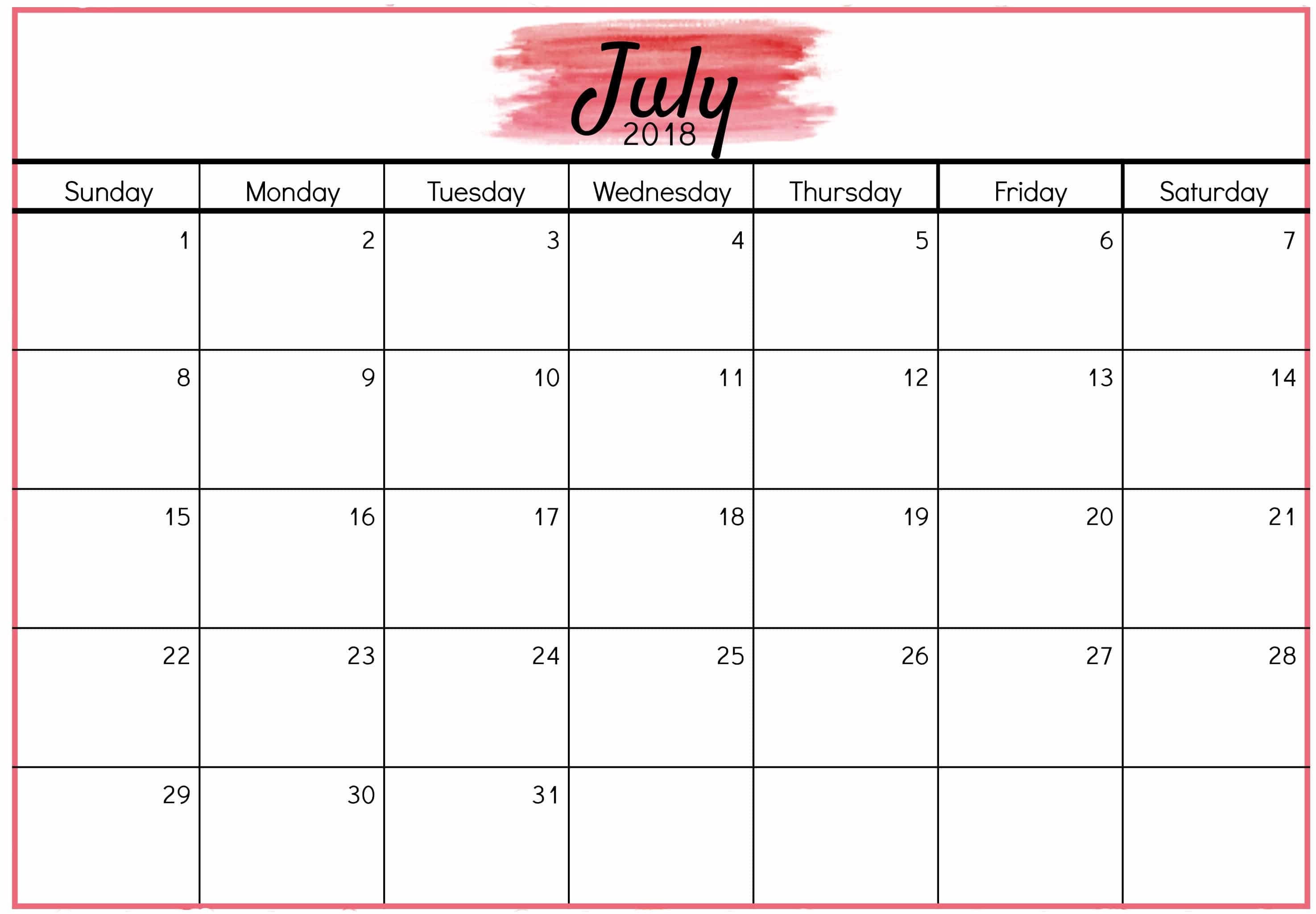 Print July 2018 Calendar 