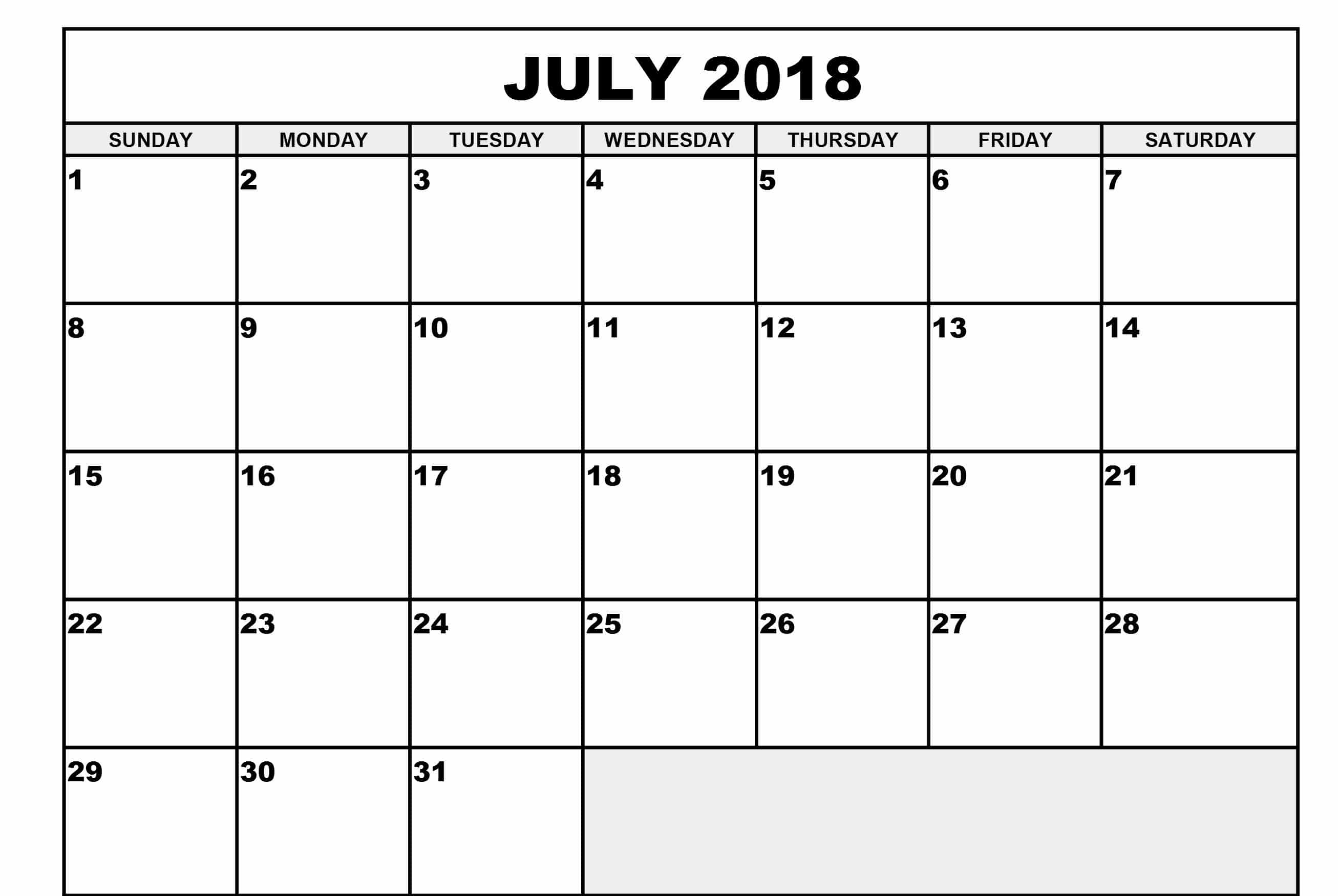 Print July 2018 Calendar 