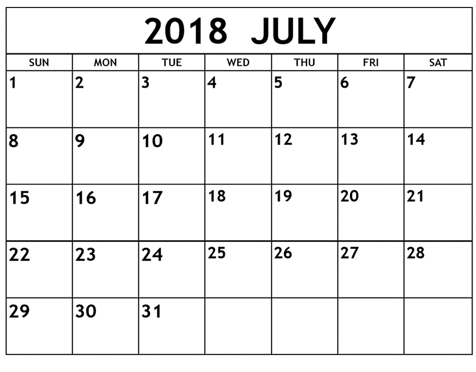 Calendar For July 2018