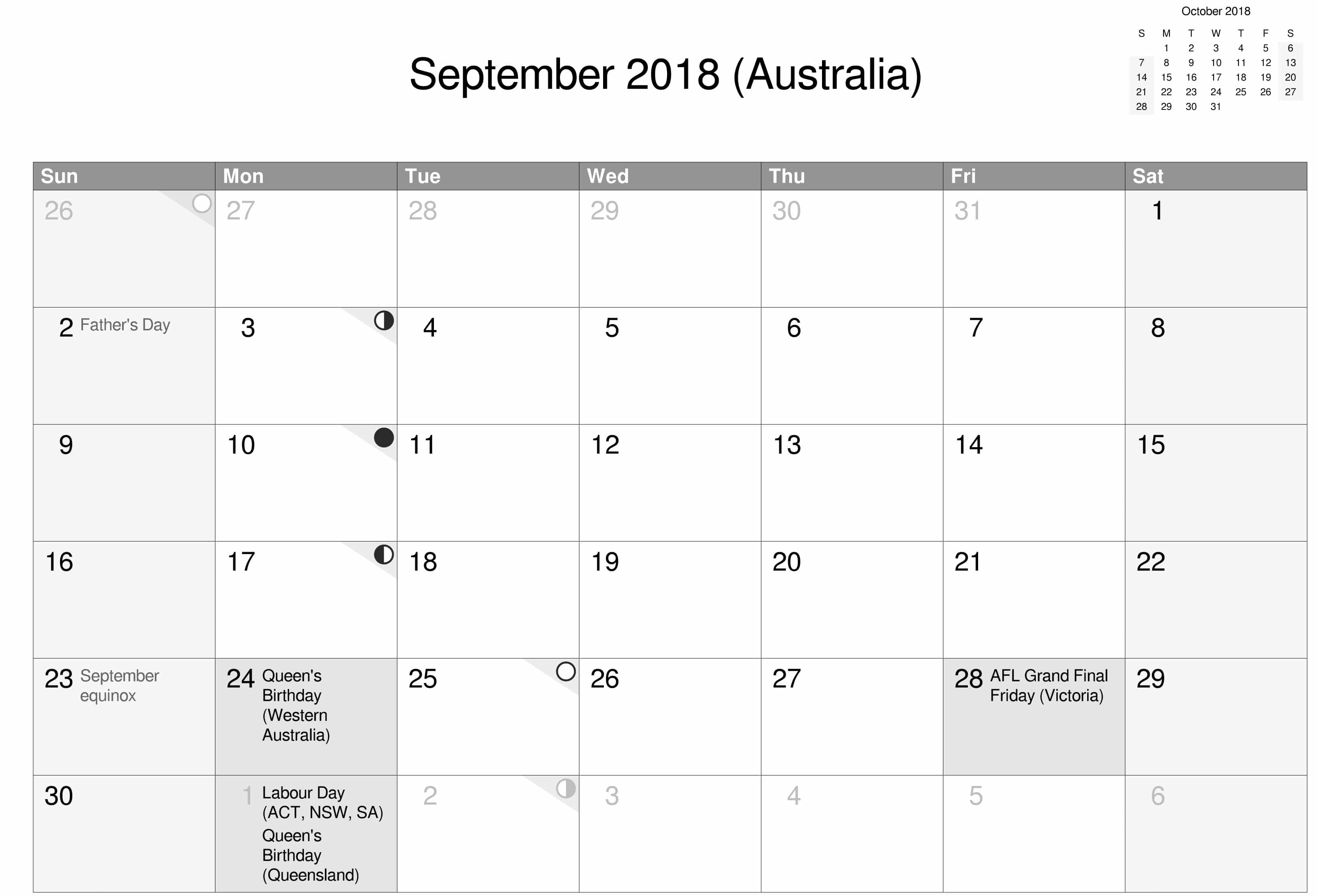 October Calendar 2018 Australia 2