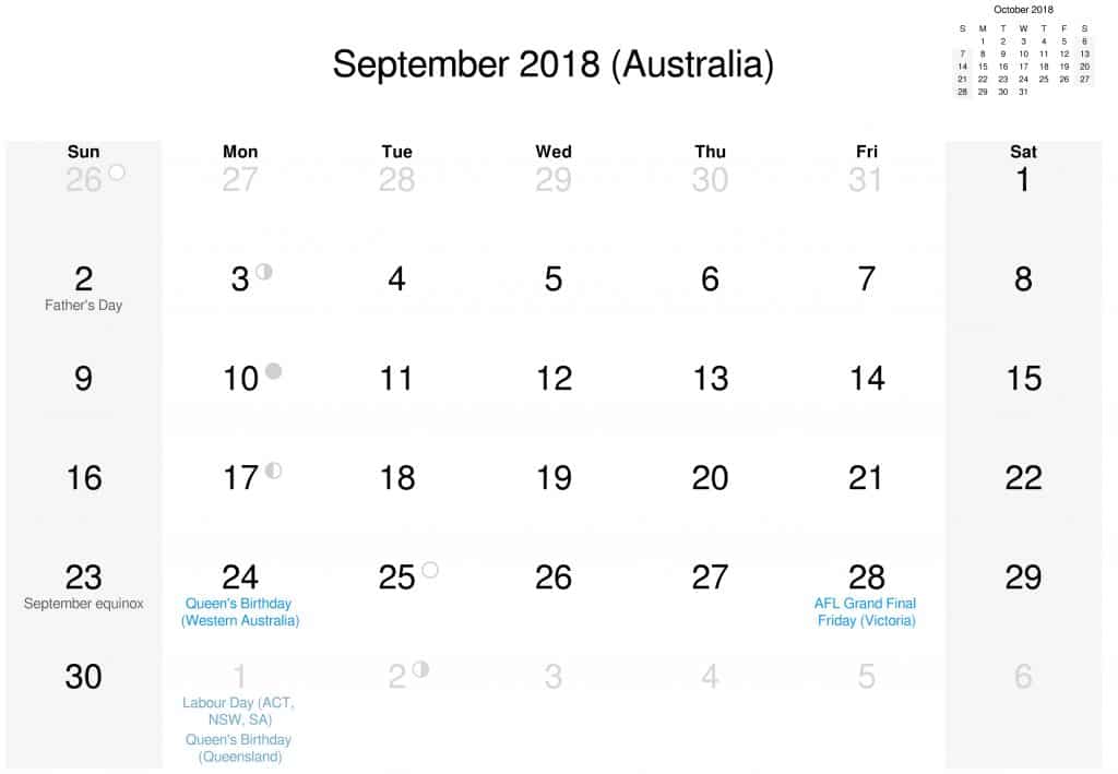 Download Australia September Calendar 2018 HD