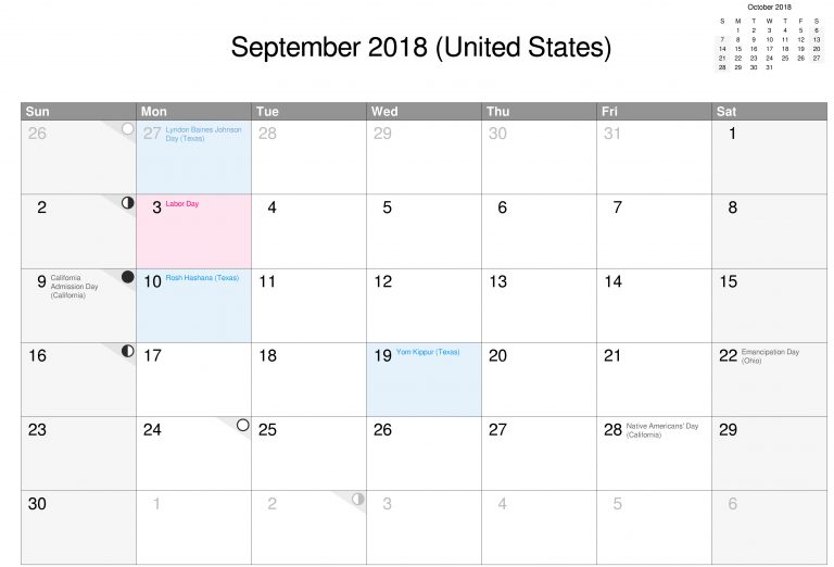 United States September Calendar 2018 With Holidays