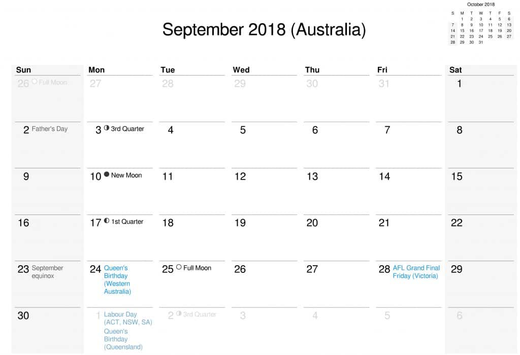 September Calendar 2018 Printable With Australia Holidays