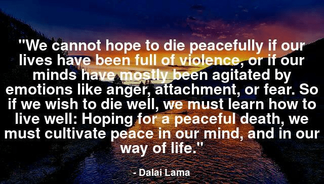 We cannot hope to die peacefully if our lives have been full of violence, or if our minds have mostly been agitated by emotions like anger, attachment, or fear. So if we wish to die well, we must learn how to live well: Hoping for a peaceful death, we must cultivate peace in our mind, and in our way of life.