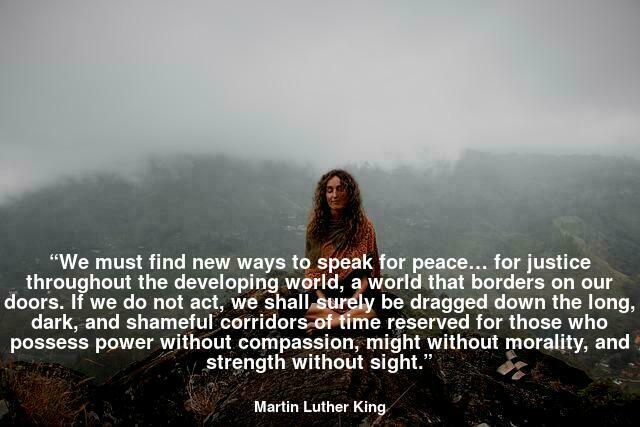 “We must find new ways to speak for peace… for justice throughout the developing world, a world that borders on our doors. If we do not act, we shall surely be dragged down the long, dark, and shameful corridors of time reserved for those who possess power without compassion, might without morality, and strength without sight.” 